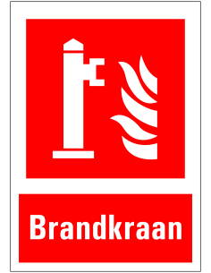Brandkraan bord met tekst, rood wit, rechthoekig, kunststof, brandkraan met vlam symbool