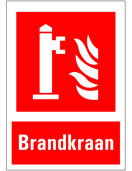 Brandkraan bord met tekst, rood wit, rechthoekig, kunststof, brandkraan met vlam symbool
