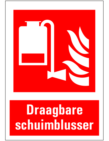 Draagbare schuimblusser bord met tekst, rood wit, rechthoekig, kunststof, draagbare schuimblusser met vlam symbool
