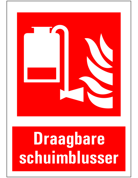 Draagbare schuimblusser bord met tekst, rood wit, rechthoekig, kunststof, draagbare schuimblusser met vlam symbool
