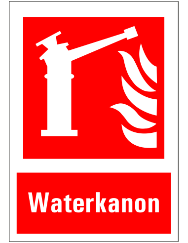 Waterkanon bord met tekst, rood wit, rechthoekig, kunststof, waterkanon met vlam symbool
