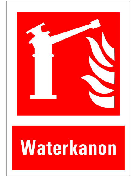 Waterkanon bord met tekst, rood wit, rechthoekig, kunststof, waterkanon met vlam symbool
