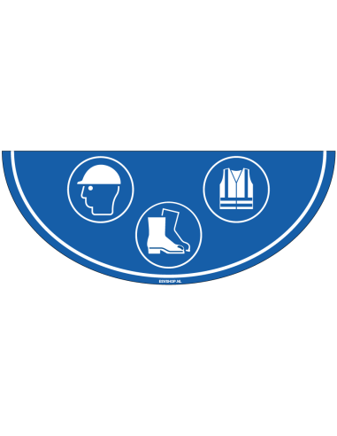 PBM dragen verplicht vloersticker - 750 x 300 mm - ISO 7010 - blauw wit - helm, schoenen en hesje pictogrammen