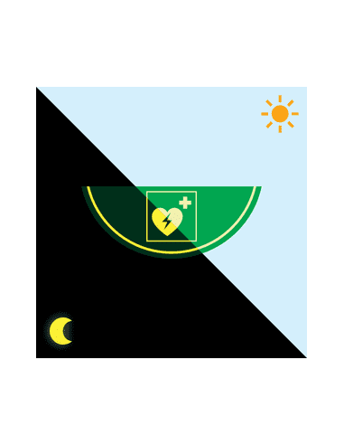 Lichtgevende AED vloersticker - E010 - 750 x 300 mm - ISO 7010 - groen wit - AED pictogram