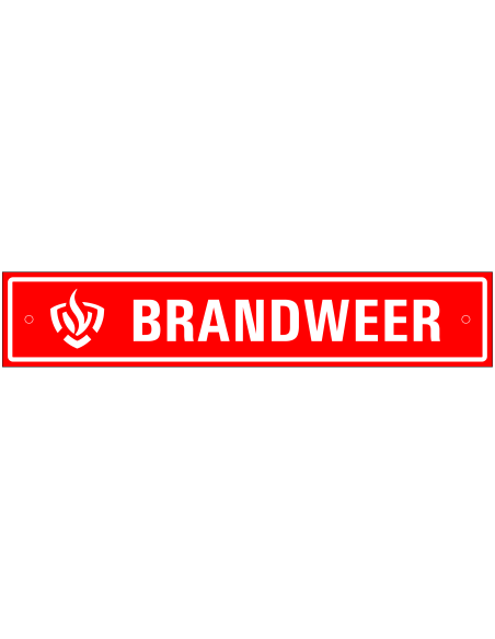 Brandweer bordje met zuignapjes, rood wit, rechthoekig, tekst brandweer met brandweer logo