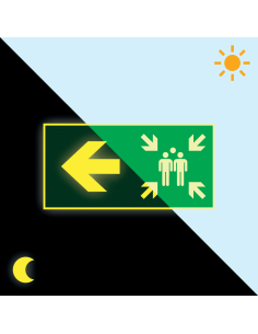 Extra lichtgevend verzamelplaats bord met pijl links, groen wit, rechthoekig, symbool verzamelplaats met pijl