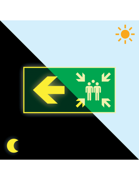Extra lichtgevend verzamelplaats bord met pijl links, groen wit, rechthoekig, symbool verzamelplaats met pijl