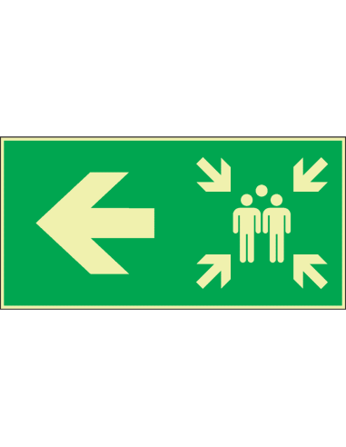 Extra lichtgevend verzamelplaats bord met pijl links, groen wit, rechthoekig, symbool verzamelplaats met pijl
