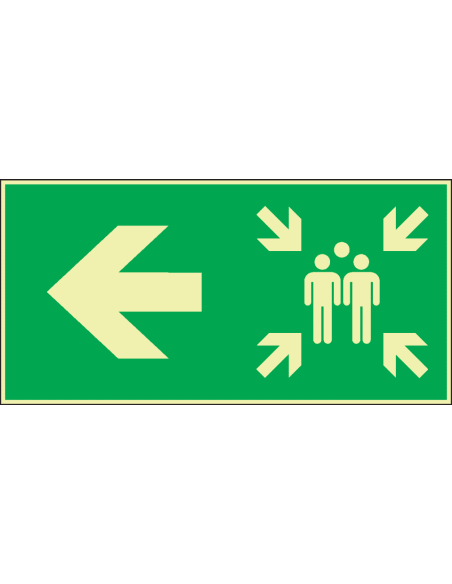 Extra lichtgevend verzamelplaats bord met pijl links, groen wit, rechthoekig, symbool verzamelplaats met pijl
