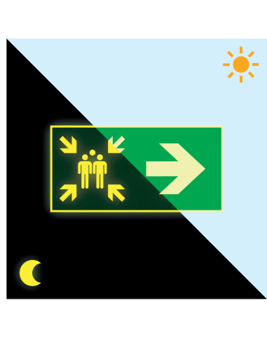 Extra lichtgevend verzamelplaats bord met pijl rechts, groen wit, rechthoekig, symbool verzamelplaats met pijl