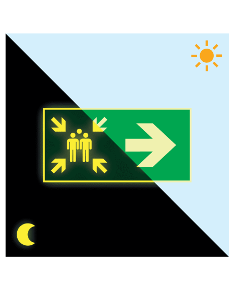 Extra lichtgevend verzamelplaats bord met pijl rechts, groen wit, rechthoekig, symbool verzamelplaats met pijl