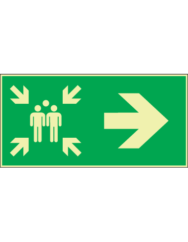 Extra lichtgevend verzamelplaats bord met pijl rechts, groen wit, rechthoekig, symbool verzamelplaats met pijl