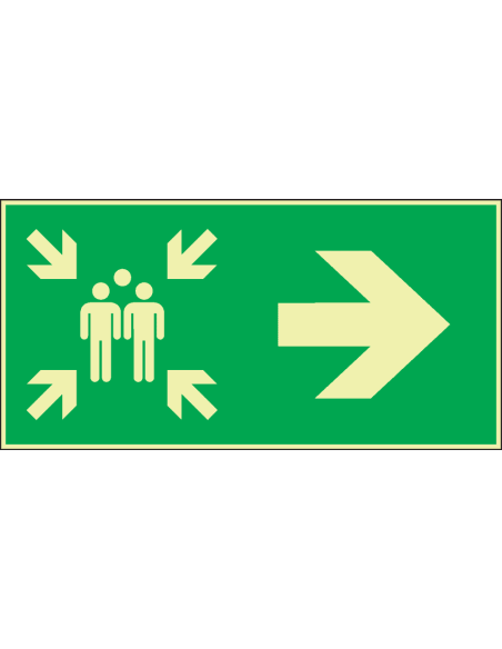 Extra lichtgevend verzamelplaats bord met pijl rechts, groen wit, rechthoekig, symbool verzamelplaats met pijl