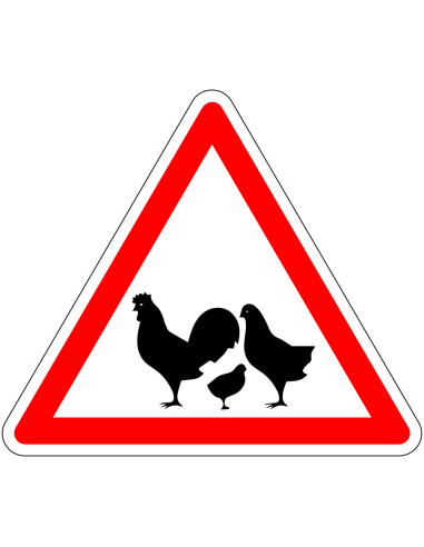 Pas op voor kippen sticker - rood wit - driehoekig - symbool kippen met rode rand