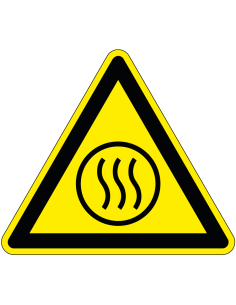 Hete inhoud waarschuwingsbord, W079, geel zwart, driehoekig, symbool warmte