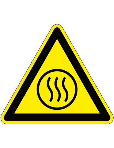 Hete inhoud waarschuwingsbord, W079, geel zwart, driehoekig, symbool warmte