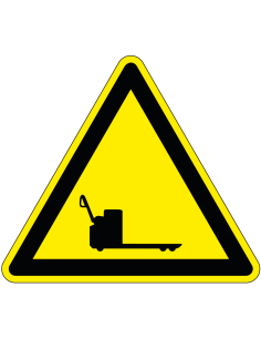 Pas op elektrische palletwagens sticker, geel zwart, driehoekig, symbool palletwagen
