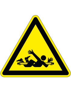Pas op voor draaiende vijzel bord, driehoekig, geel zwart, symbool draaiende vijzel en mens
