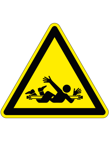 Pas op voor draaiende vijzel sticker, geel zwart, driehoekig, symbool vijzel en mens