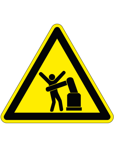 Gevaar voor robotarm sticker, geel zwart, driehoekig, symbool robotarm en mens