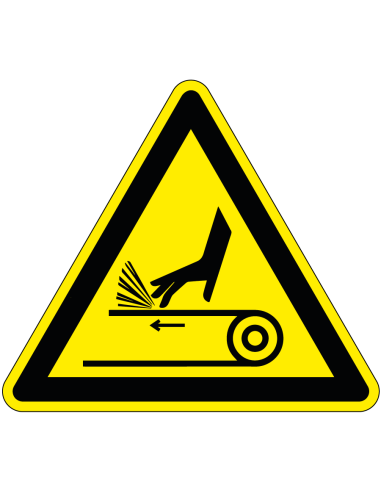 Handschuur gevaar bord, driehoekig, geel zwart, symbool schuurmachine met hand