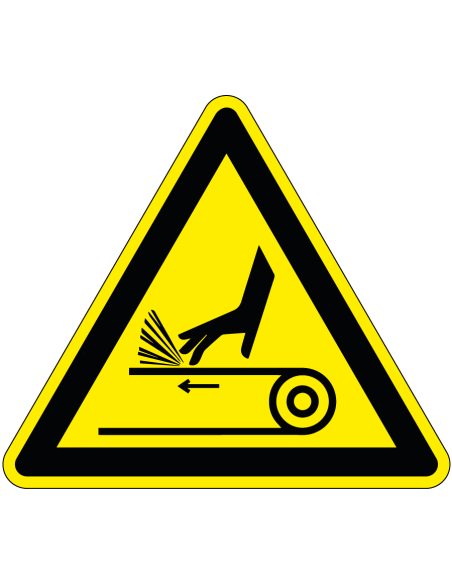 Handschuur gevaar bord, driehoekig, geel zwart, symbool schuurmachine met hand