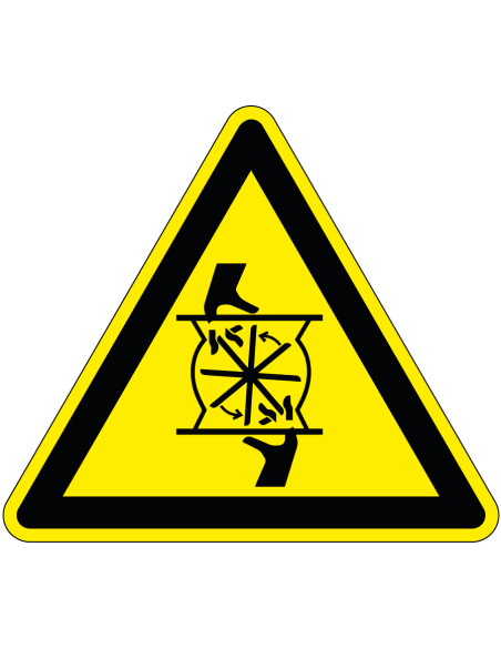 Pas op voor roterend mes bord, driehoekig, geel zwart, symbool roterend mes met hand