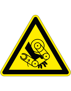 Pas op voor handbeklemming door robotarm bord, driehoekig, geel zwart, symbool robotarm met hand