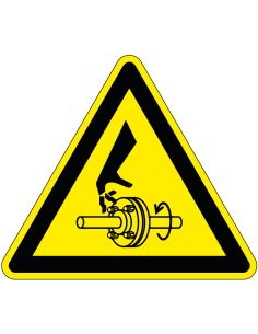 Pas op voor roterende as sticker, geel zwart, driehoekig, symbool roterende as en hand