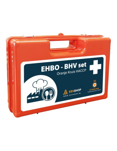 EHBO koffer horeca HACCP, oranje blauw, inclusief wandhouder