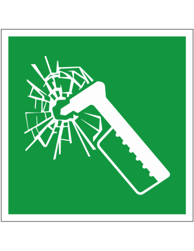 Noodhamer sticker, ISO 7010, E025, groen wit, vierkant, noodhamer pictogram