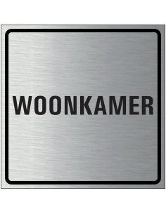 Woonkamer bordje, geborsteld aluminium, grijs zwart, vierkant, tekst woonkamer