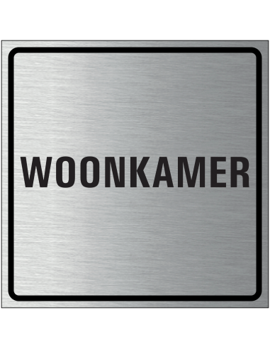 Woonkamer bordje, geborsteld aluminium, grijs zwart, vierkant, tekst woonkamer