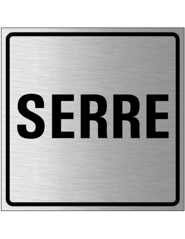 Serre bordje, geborsteld aluminium, grijs zwart, vierkant, tekst serre