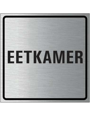 Eetkamer bordje, geborsteld aluminium, grijs zwart, vierkant, tekst eetkamer