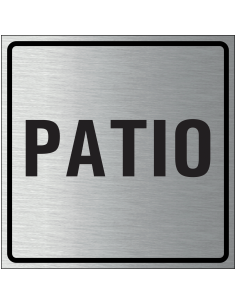 Patio bordje, geborsteld aluminium, grijs zwart, vierkant, tekst patio