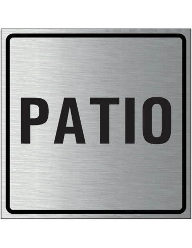 Patio bordje, geborsteld aluminium, grijs zwart, vierkant, tekst patio