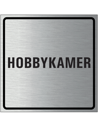 Hobbykamer bordje, geborsteld aluminium, grijs zwart, vierkant, tekst hobbykamer