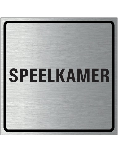 Speelkamer bordje, geborsteld aluminium, grijs zwart, vierkant, tekst speelkamer
