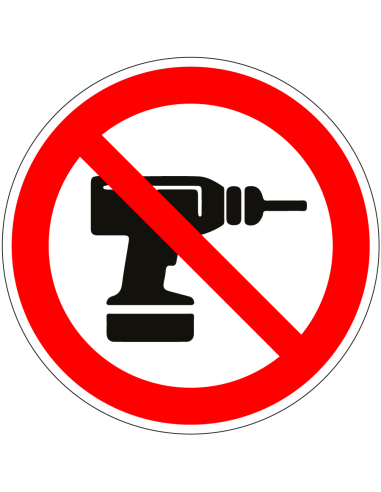 Verboden te boren sticker, rood wit, pictogram boormachine, rond