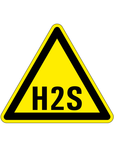 Waarschuwingssticker waterstofsulfide, driehoekig, geel zwart, met afkorting H2S