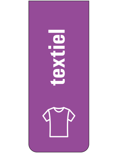 Textiel afval bord, paars wit, tekst textiel en symbool t-shirt