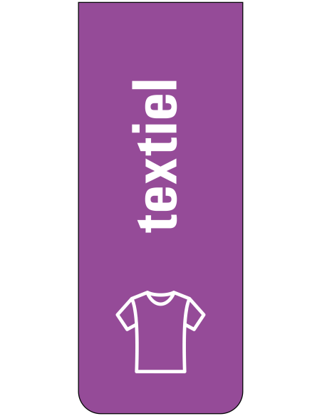 Textiel afval bord, paars wit, tekst textiel en symbool t-shirt