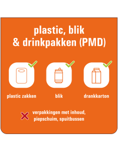Plastic, blik & drinkpakken afval bord, vierkant, oranje wit