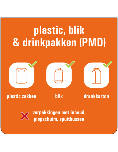 Plastic, blik & drinkpakken afval bord, vierkant, oranje wit