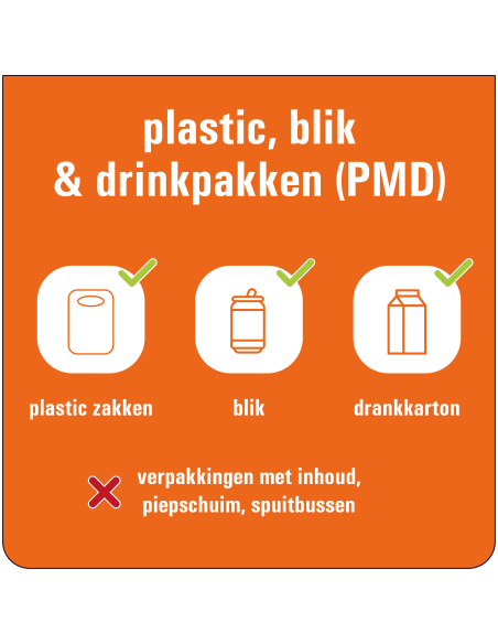 Plastic, blik & drinkpakken afval bord, vierkant, oranje wit