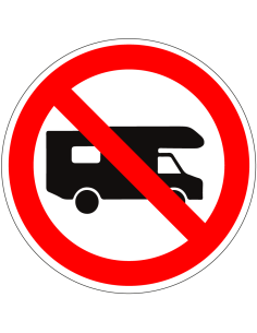 Campers verboden bord, kunststof, rood wit, met pictogram camper, rond