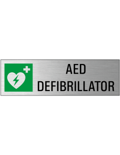 AED deurbordje met zelfklevende strip, grijs zwart groen, rechthoekig, symbool AED
