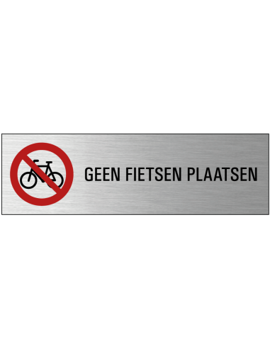 Geen fietsen plaatsen deurbordje met zelfklevende strip, grijs zwart rood, rechthoekig, tekst en pictogram
