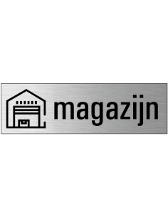 Magazijn deurbordje met zelfklevende strip, grijs zwart, rechthoekig, tekst en pictogram